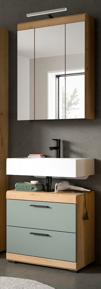 Inn.Furn Badmöbel-Set Shawn, (Badezimmer in Salbei grün und Artisan Eiche, 2-teilig, 60 x 191 cm), viel Stauraum auf wenig Stellfläche von Inn.Furn