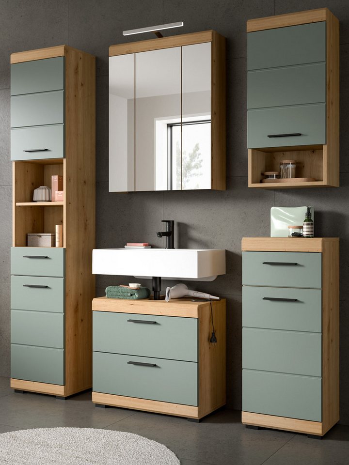 Inn.Furn Badmöbel-Set Shawn, (Badezimmer in Salbei grün und Artisan Eiche, Komplett-Set 5-teilig, 164 x 191 cm), mit extra viel Stauraum von Inn.Furn
