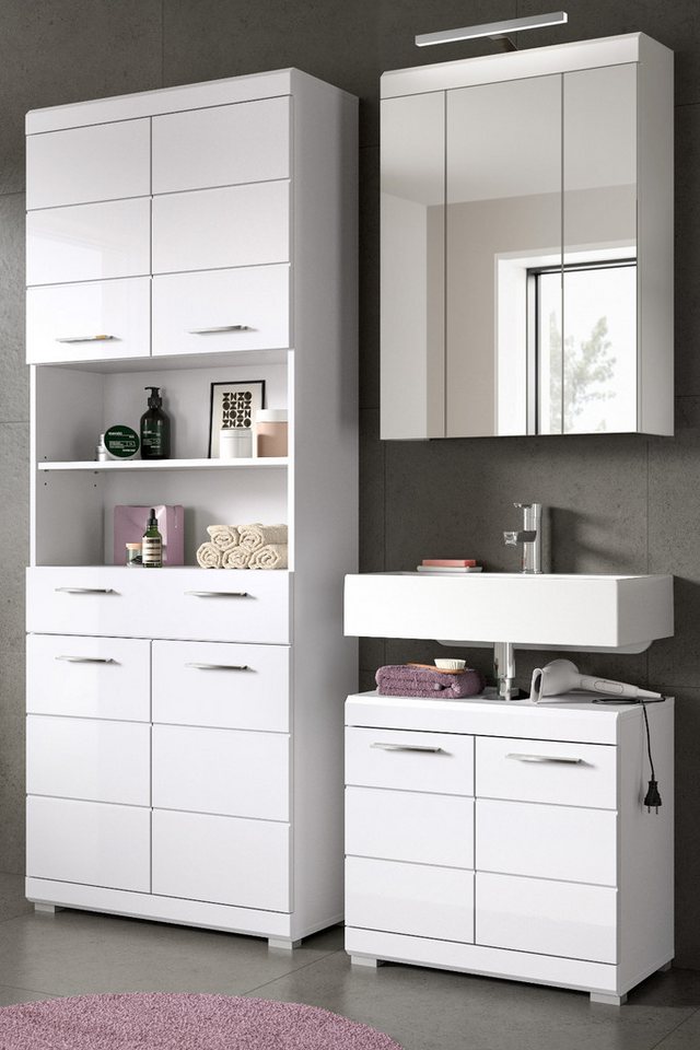 Inn.Furn Badmöbel-Set Shawn, (Badezimmer in weiß Hochglanz, 3-teilig, ca. 150 x 190 cm), mit 15 Fächern von Inn.Furn