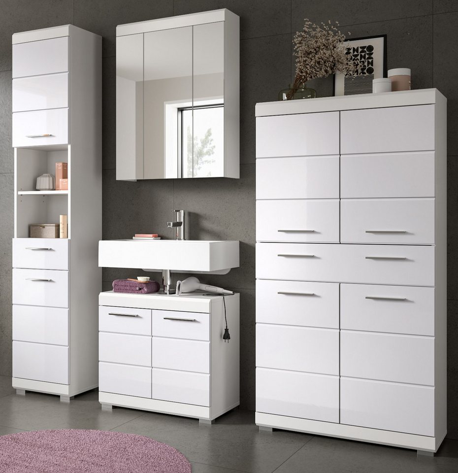 Inn.Furn Badmöbel-Set Shawn, (Badezimmer in weiß Hochglanz, 4-teilig, 200 x 191 cm), mit 4-türigem Midischrank von Inn.Furn