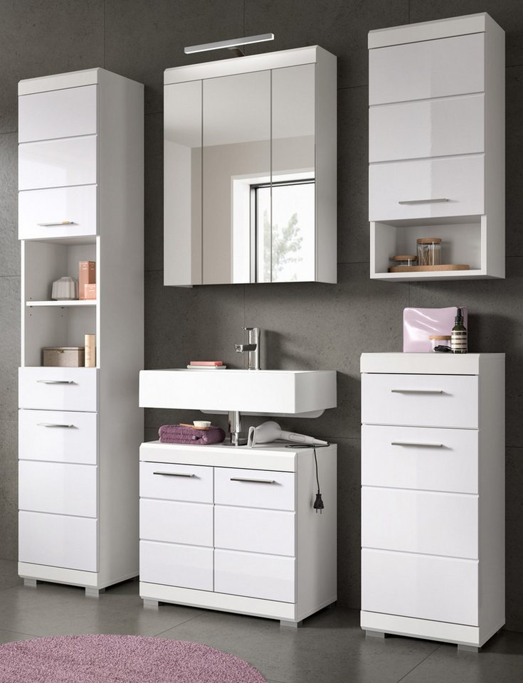 Inn.Furn Badmöbel-Set Shawn, (Badezimmer in weiß Hochglanz, 5-teilig, 164 x 191 cm), wahlweise mit LED-Spiegellampe und Steckdose von Inn.Furn