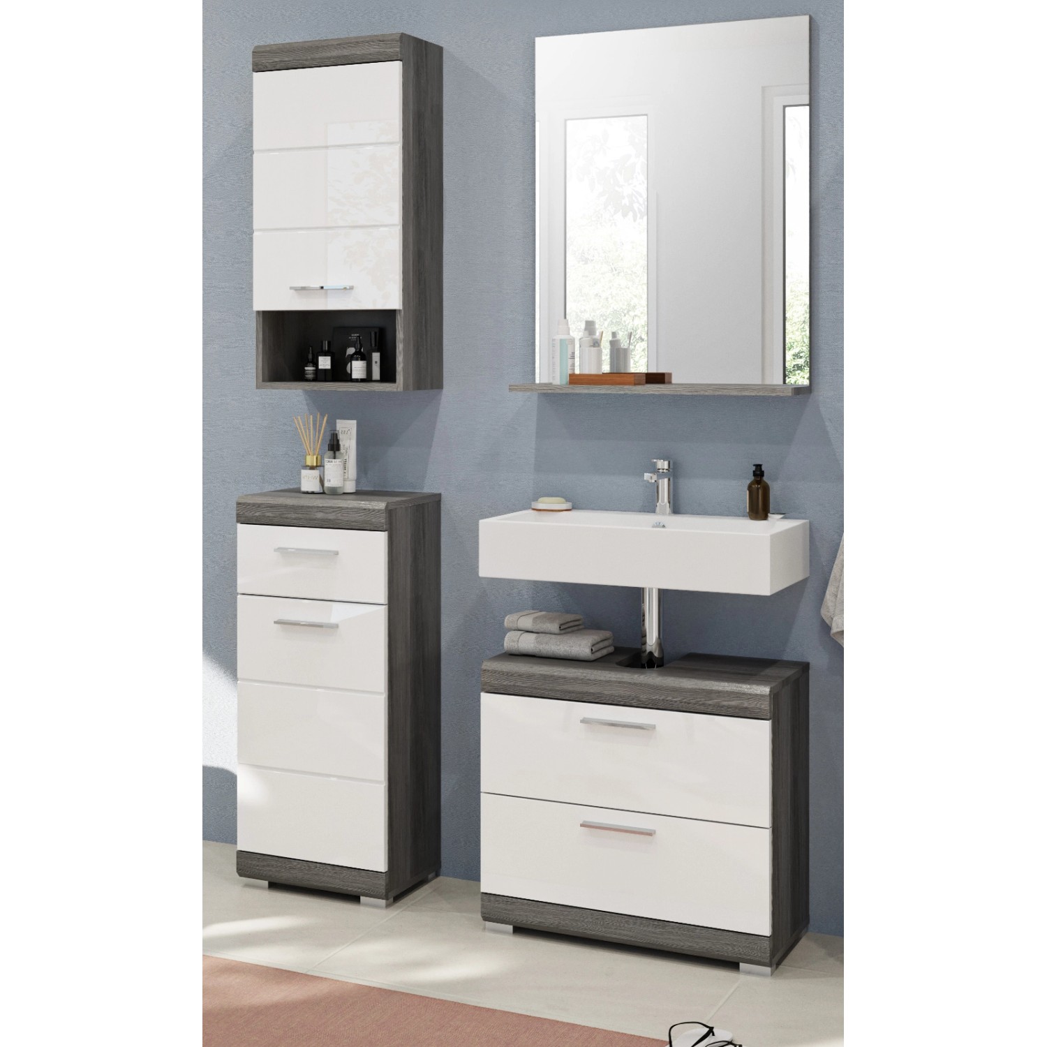 Inn.Furn Badmöbel-Set Weiß Hochglanz Grau 4-teilig 112 cm Vollauszug Shawn Inn.Furn Badmöbel-Set Weiß Hochglanz Grau 4-teilig 112 cm Vollauszug Shawn von Inn.Furn