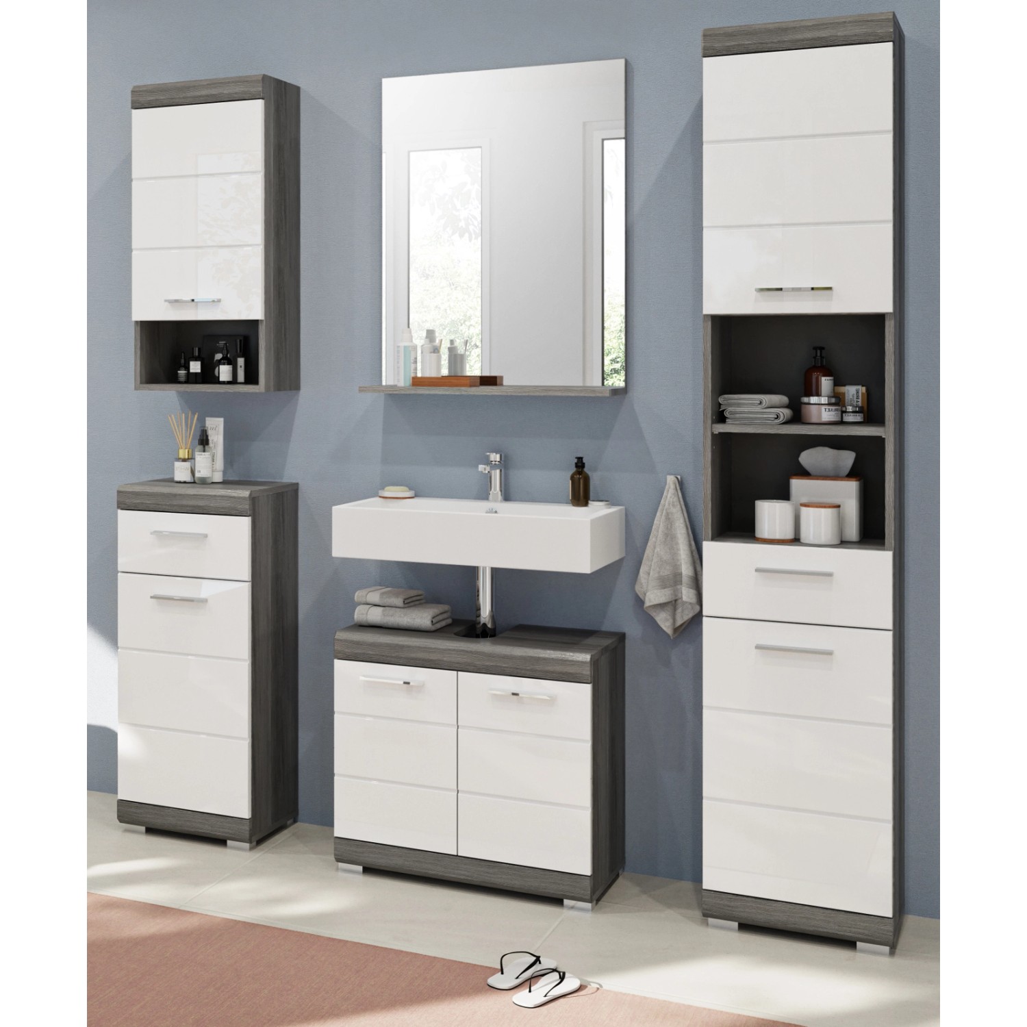 Inn.Furn Badmöbel-Set Weiß Hochglanz Grau 5-teilig 164 cm 13 Fächer Shawn Inn.Furn Badmöbel-Set Weiß Hochglanz Grau 5-teilig 164 cm 13 Fächer Shawn von Inn.Furn