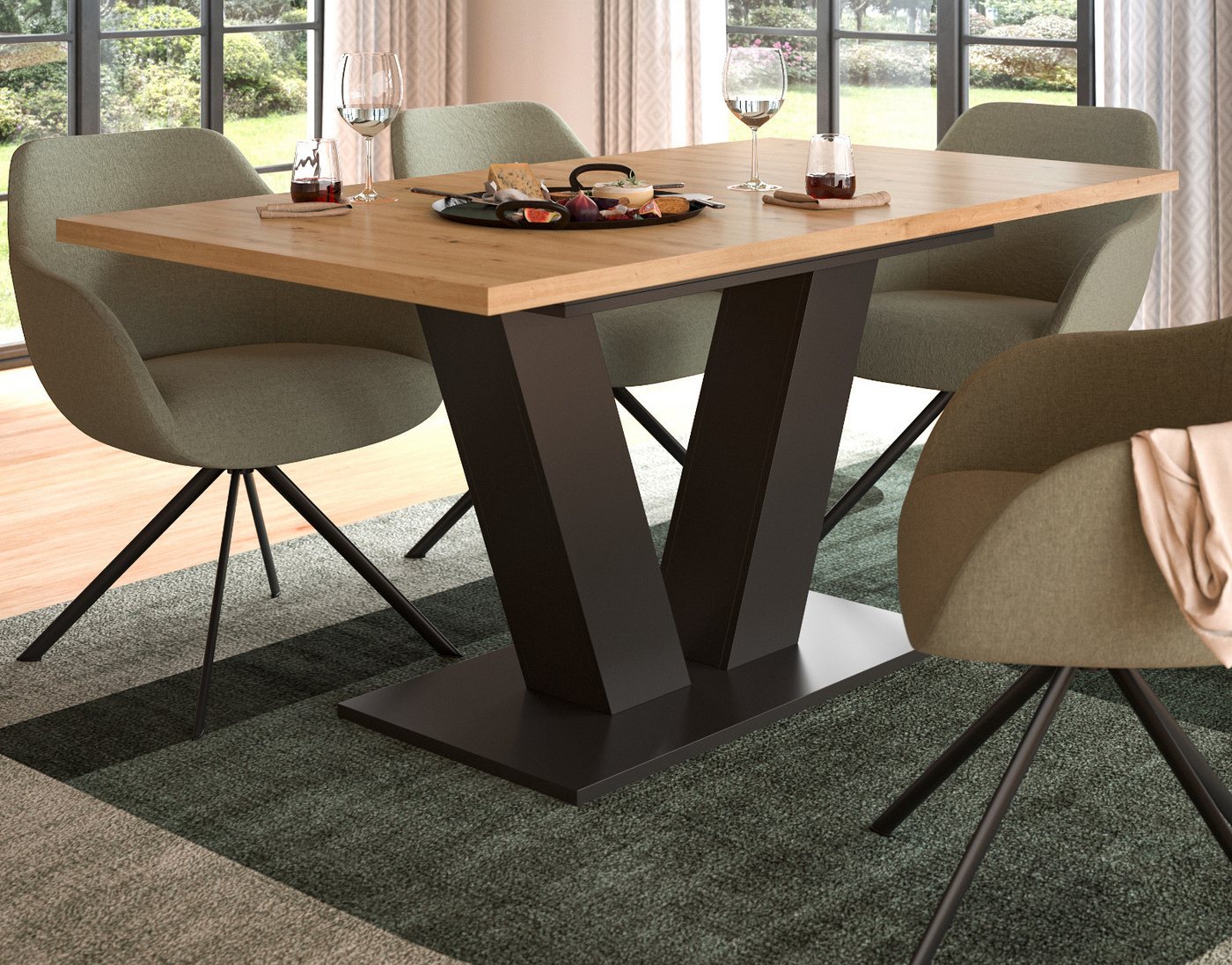Inn.Furn Esstisch Home-X (Küchentisch in Artisan Eiche und grau, ausziehbar 150 - 190 cm), mit V-Gestell, bis 8 Personen von Inn.Furn
