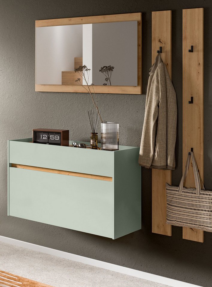 Inn.Furn Garderoben-Set Borga, (Flurgarderobe in Salbei Grün mit Eiche Artisan, 4-teilig, ca. 170 x 197 cm), inkl. Schuhkipper, Wandmontage von Inn.Furn