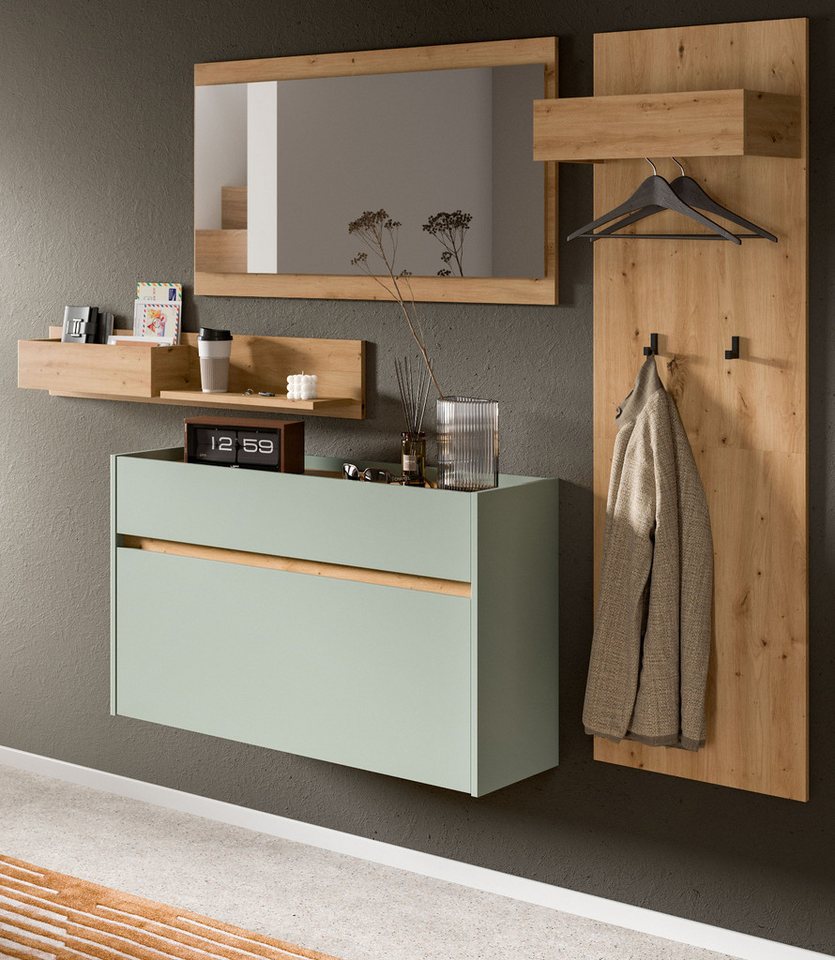 Inn.Furn Garderoben-Set Borga, (Flurgarderobe in Salbeu Grün mit Eiche, 4-teilig, ca. 200 x 195 cm), inklusive Schuhkipper von Inn.Furn