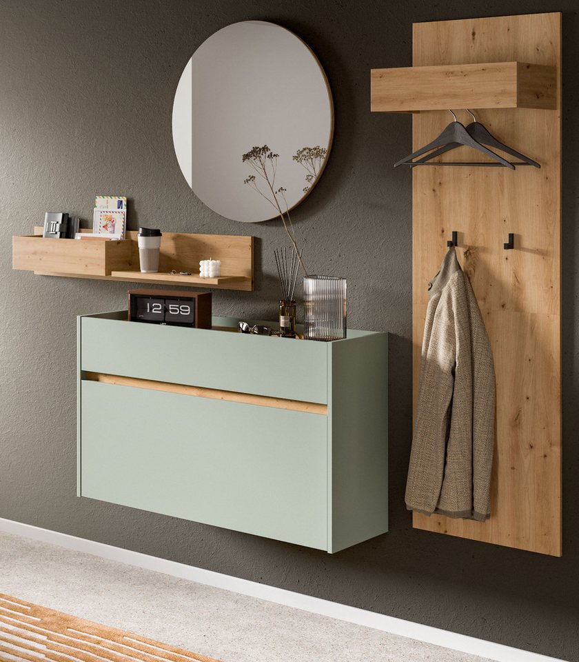Inn.Furn Garderoben-Set Borga, (Komplett-Set in Salbei Grün mit Eiche Artisan, 4-teilig, Breite 200 cm), inklusive Schuhkipper von Inn.Furn