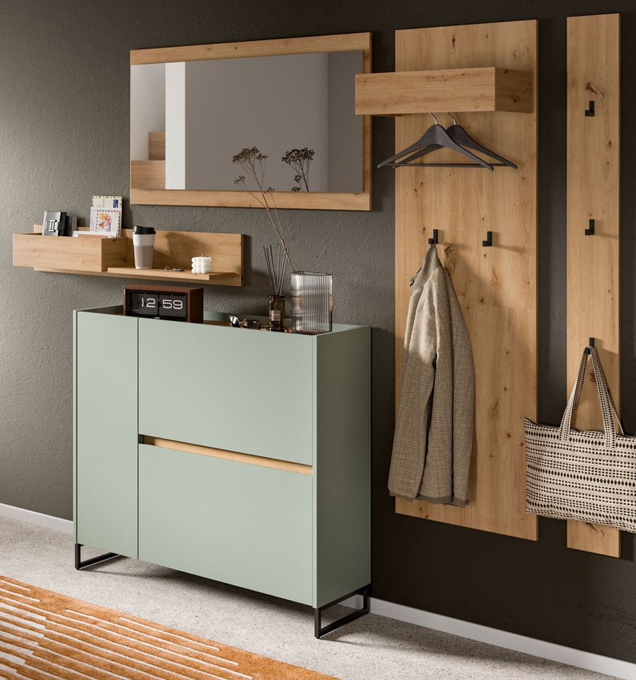 Inn.Furn Garderoben-Set Borga, (Komplett-Set in Salbei Grün mit Eiche Artisan, 5-St., Breite ca. 230 cm), inklusive Schuhkipper von Inn.Furn
