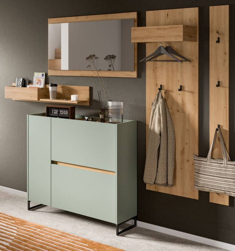 Inn.Furn Garderoben-Set Borga, (Komplett-Set in Salbei Grün mit Eiche Artisan, 5-St., Breite ca. 230 cm), inklusive Schuhkipper von Inn.Furn