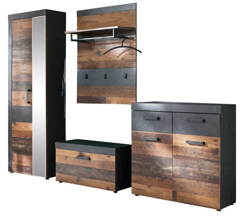Inn.Furn Garderoben-Set Indy, (Flurgarderobe in Used Wood Altholz mit grau, Komplett-Set 4-teilig), variable Inneneinteilung von Inn.Furn