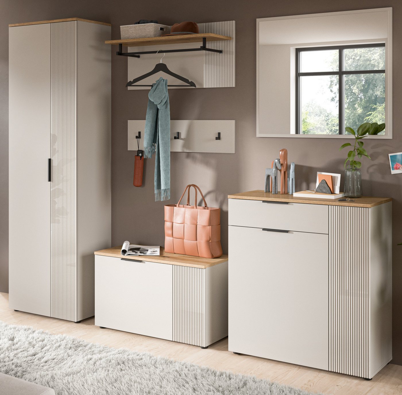 Inn.Furn Garderoben-Set Skid, (Komplett-Set, in Kaschmir Sand mit Eiche), mit viel Stauraum von Inn.Furn