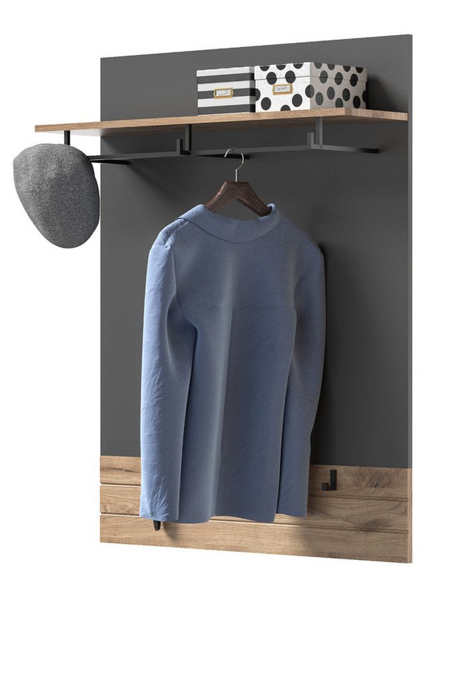 Inn.Furn Garderobenpaneel Tomaso (Garderobe Basalt grau und Eiche, 90 x 117 cm), mit Ablage und Kleiderstange von Inn.Furn
