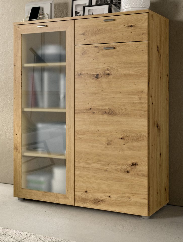 Inn.Furn Highboard Dante (Kommode in Artisan Eiche Dekor, 90 x115 cm), 7 Fächer, satiniertesm Glas von Inn.Furn