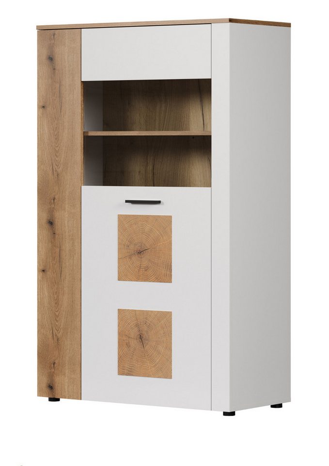 Inn.Furn Highboard Vianna (Hohe Kommode in matt weiß mit Evoke Eiche, 90 x 146 cm), mit Hirnholz von Inn.Furn