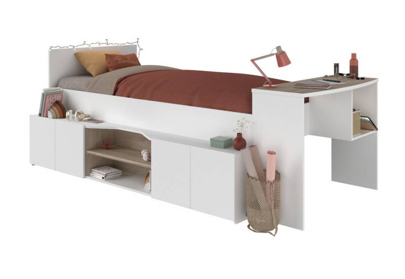 Inn.Furn Jugendbett Cleo (Stauraumbett in weiß, 90 x 200 cm), mit Stauraum und Schreibtisch von Inn.Furn