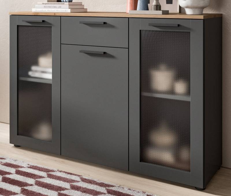 Inn.Furn Kommode Vitus (Sideboard in Basaltgrau mit Artisan Eiche, 3-türig, 120 x 84 cm), 6 Fächer, Soft-Close-Funktion von Inn.Furn