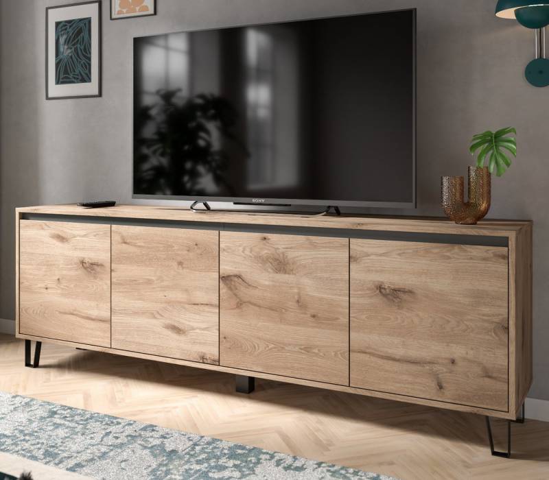 Inn.Furn Lowboard Delio (TV Unterschrank in Eiche mit grau, 184 x 64 cm), Komforthöhe und Soft-Close-Funktion von Inn.Furn