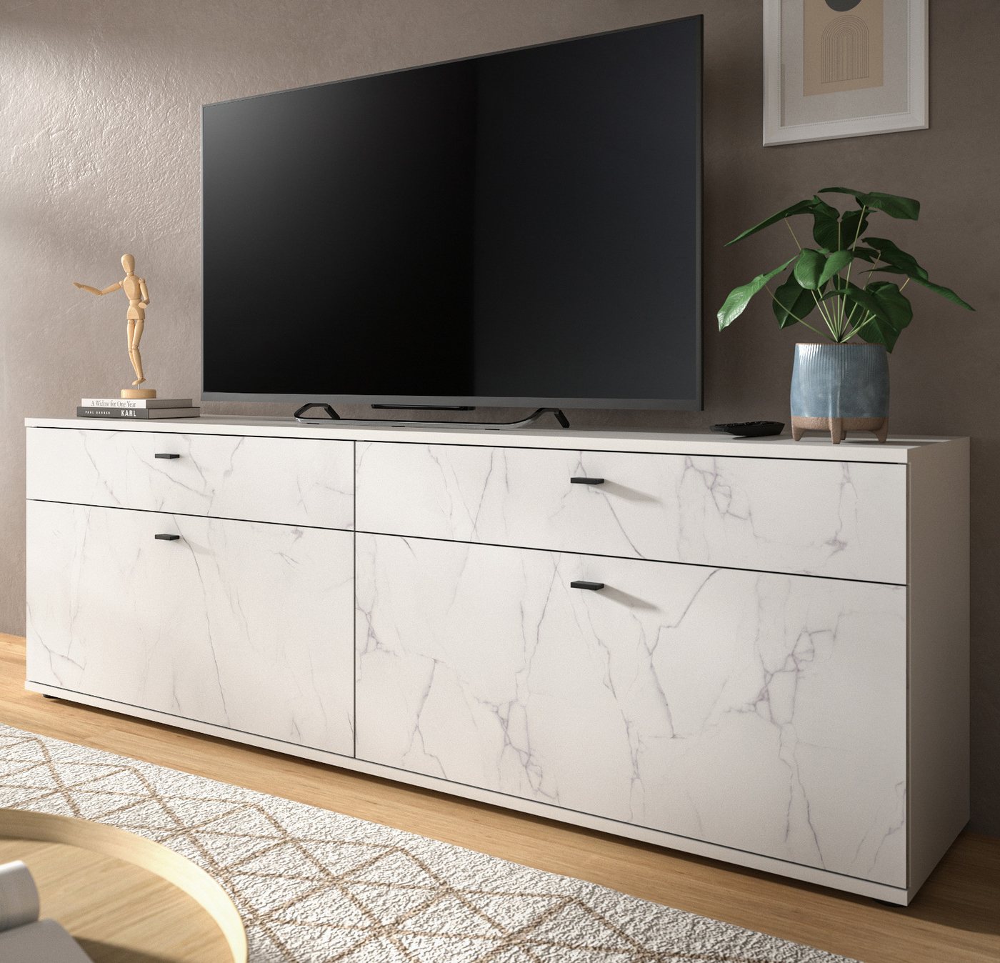 Inn.Furn Lowboard Marble (TV Unterschrank in weiß Marmor 180 cm, Komforthöhe 62 cm), mit Vollauszug und Soft-Close von Inn.Furn