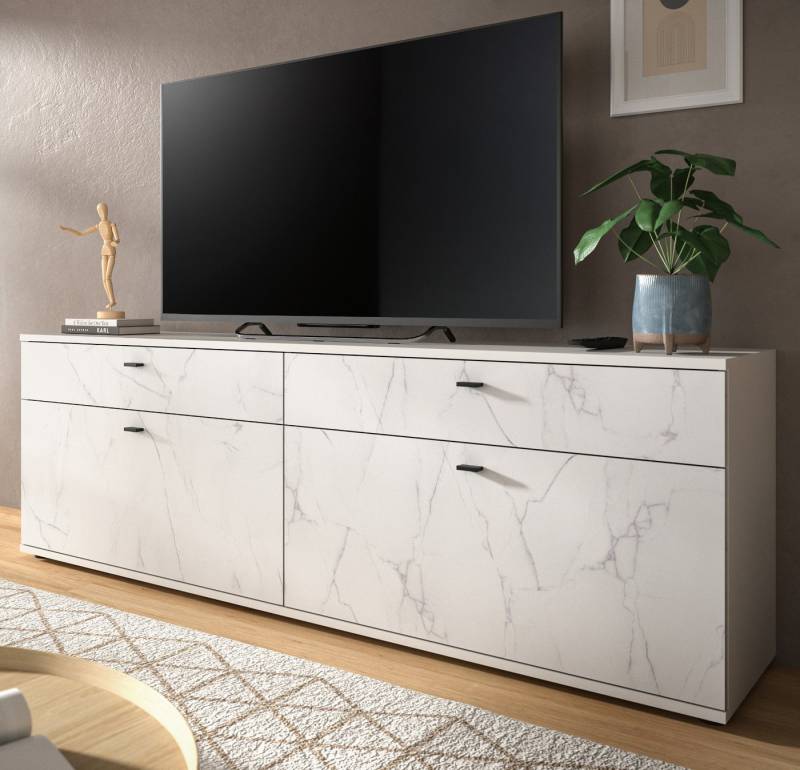 Inn.Furn Lowboard Marble (TV Unterschrank in weiß Marmor 180 cm, Komforthöhe 62 cm), mit Vollauszug und Soft-Close von Inn.Furn