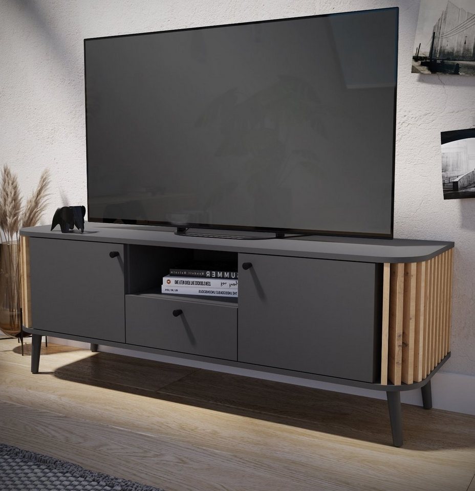 Inn.Furn Lowboard Pretty (TV Unterschrank in matt grau mit Eiche Artisan, 138 x 50 cm), mit 3D Lamellen von Inn.Furn
