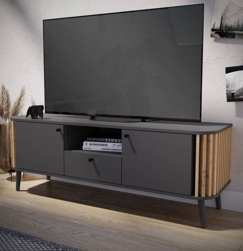 Inn.Furn Lowboard Pretty (TV Unterschrank in matt grau mit Eiche Artisan, 138 x 50 cm), mit 3D Lamellen von Inn.Furn