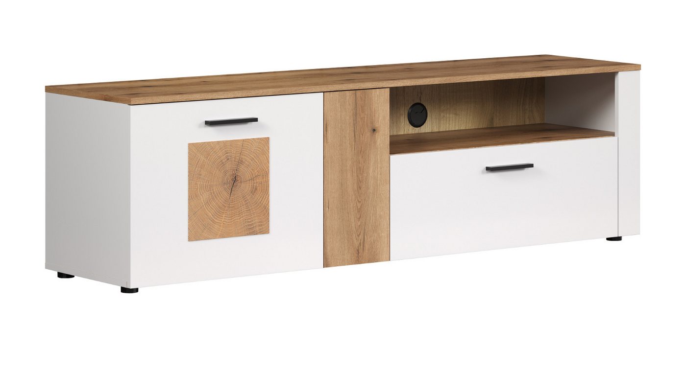 Inn.Furn Lowboard Vianna (Flat-TV Unterschrank in matt weiß mit Eiche, 170 x 50 cm), mit Hirnholz von Inn.Furn