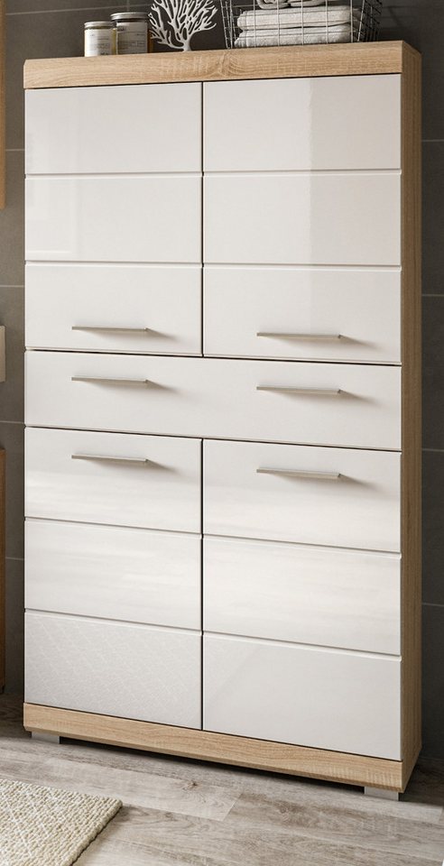 Inn.Furn Midischrank Mambo (Badschrank in weiß Hochglanz und Eiche, 4-türig, 74 x 141 cm) mit viel Stauraum und großer Schublade von Inn.Furn