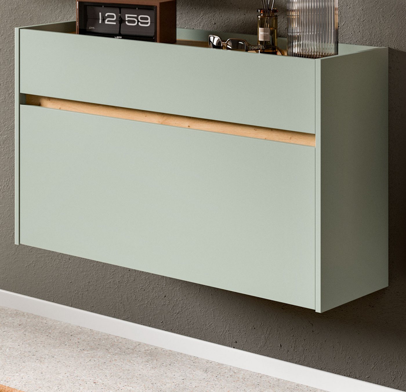 Inn.Furn Schuhkipper Borga (Flurkommode in Salbei Grün mit Eiche Artisan, Hängeschrank, 110 x 61 cm), als Hängeschrank, mit Schubkasten von Inn.Furn