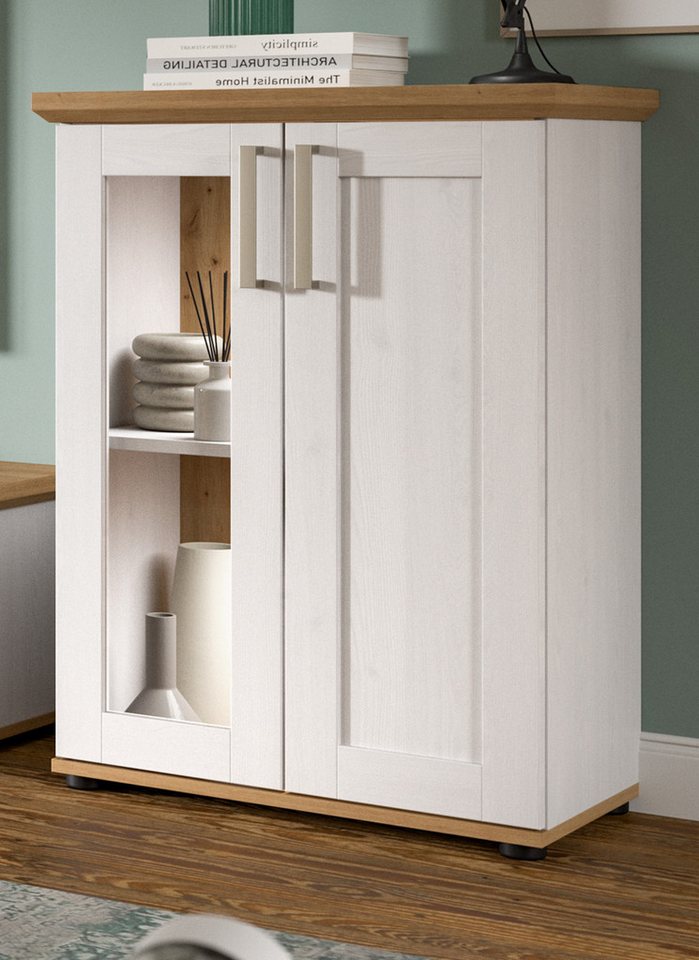 Inn.Furn Standvitrine Mirano (Kommode in weiß Lärche mit Eiche Artisan, 64 x 88 cm) stehend oder Wandmontage von Inn.Furn