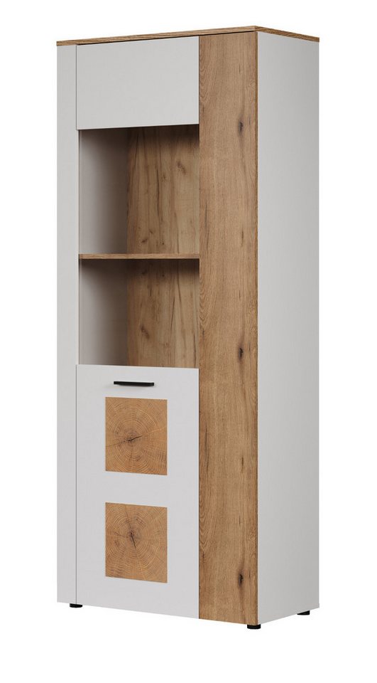 Inn.Furn Standvitrine Vianna (Stauraumvitrine in weiß und Evoke Eiche, 80 x 195 cm) mit Hirnholz von Inn.Furn