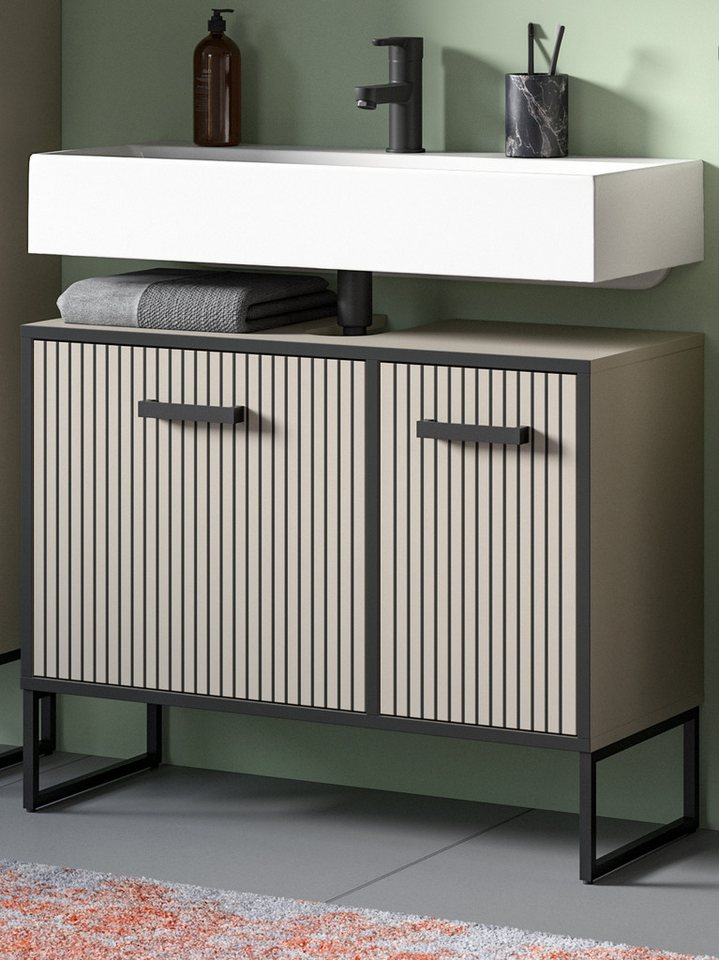 Inn.Furn Waschbeckenunterschrank Scana (Badschrank in Sand mit schwarz, Breite 80 cm) 2-türig mit Soft-Close-Funktion von Inn.Furn