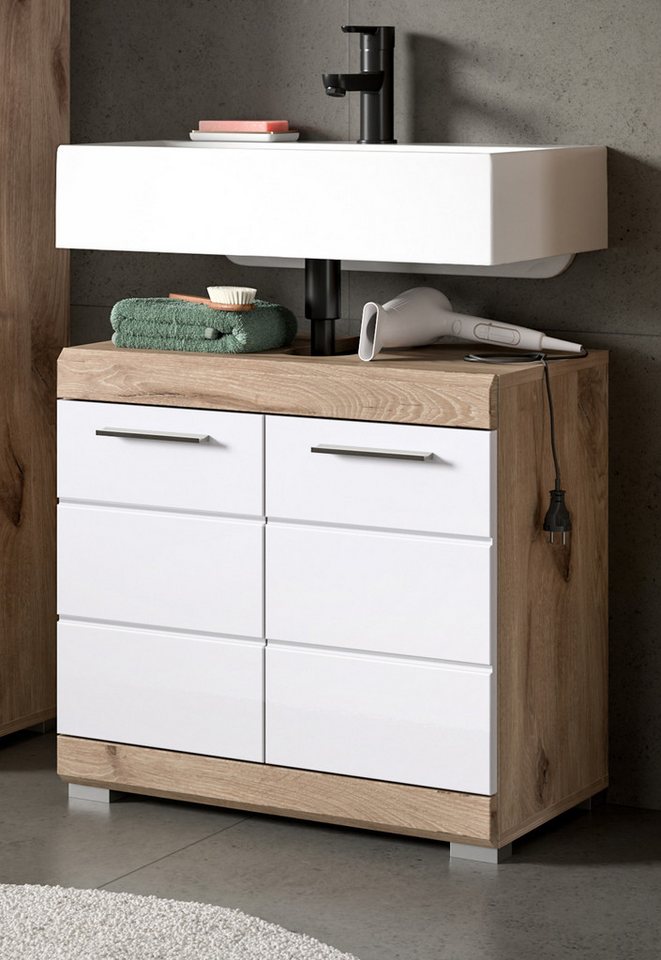 Inn.Furn Waschbeckenunterschrank Willow (Waschtisch in weiß Hochglanz mit Eiche, 60 x 56 cm) mit MDF-Fronten von Inn.Furn