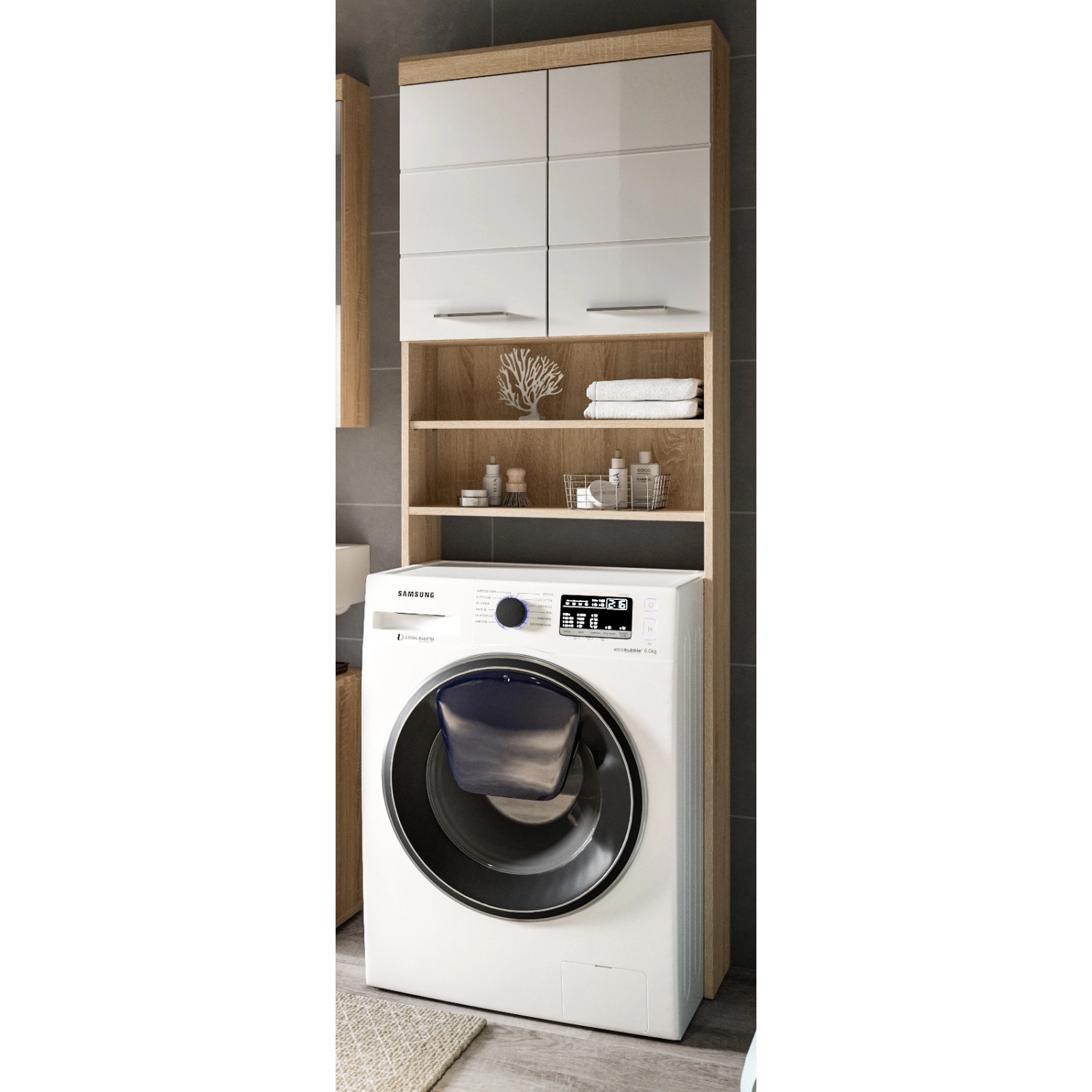 Inn.Furn Waschmaschinenschrank in Weiß Hochglanz und Eiche 63 x 191 cm Mambo Inn.Furn Waschmaschinenschrank in Weiß Hochglanz und Eiche 63 x 191 cm Mambo von Inn.Furn