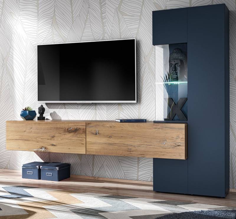 Inn.Furn Wohnwand Azuro, (TV Wand in Zinneiche und matt Blau, 210 x 162 cm), mit Push-to-Open, inklusive Beleuchtung von Inn.Furn