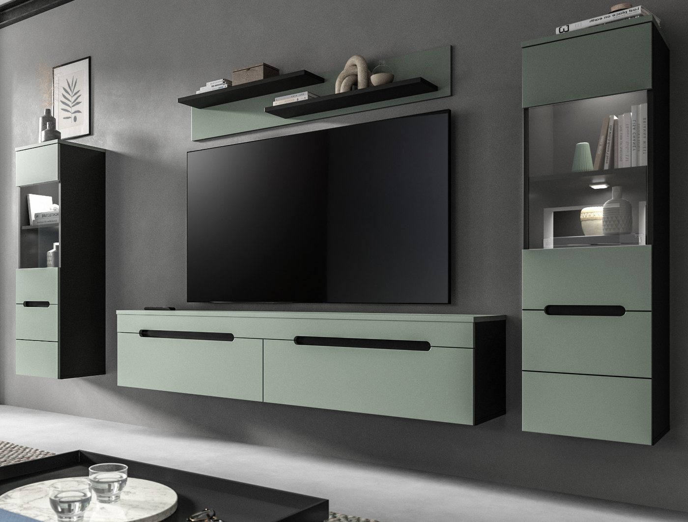 Inn.Furn Wohnwand Cooper, (Schrankwand in Salbei Grün und Basalt Grau, 4-teilig, 270 x 170 cm), hängend oder stehend, Soft-Close-Funktion von Inn.Furn