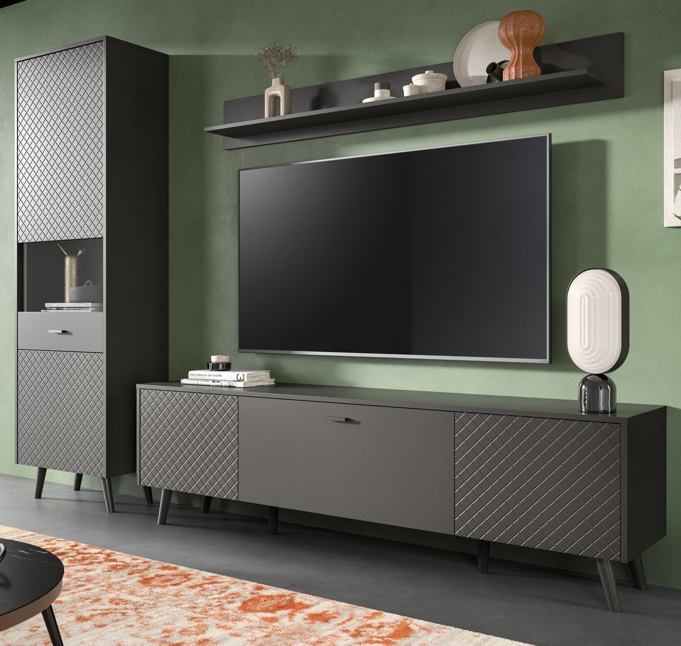 Inn.Furn Wohnwand Madea, (Schrankwand in matt Grau, 3-teilig, 260 x 195 cm), mit Push-Open und Rautenfräsung von Inn.Furn