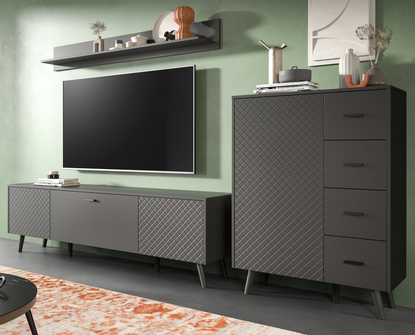 Inn.Furn Wohnwand Madea, (Schrankwand in matt Grau, 3-teilig, 270 x 195 cm), Push-To-Open, mit Rautenfräsung von Inn.Furn