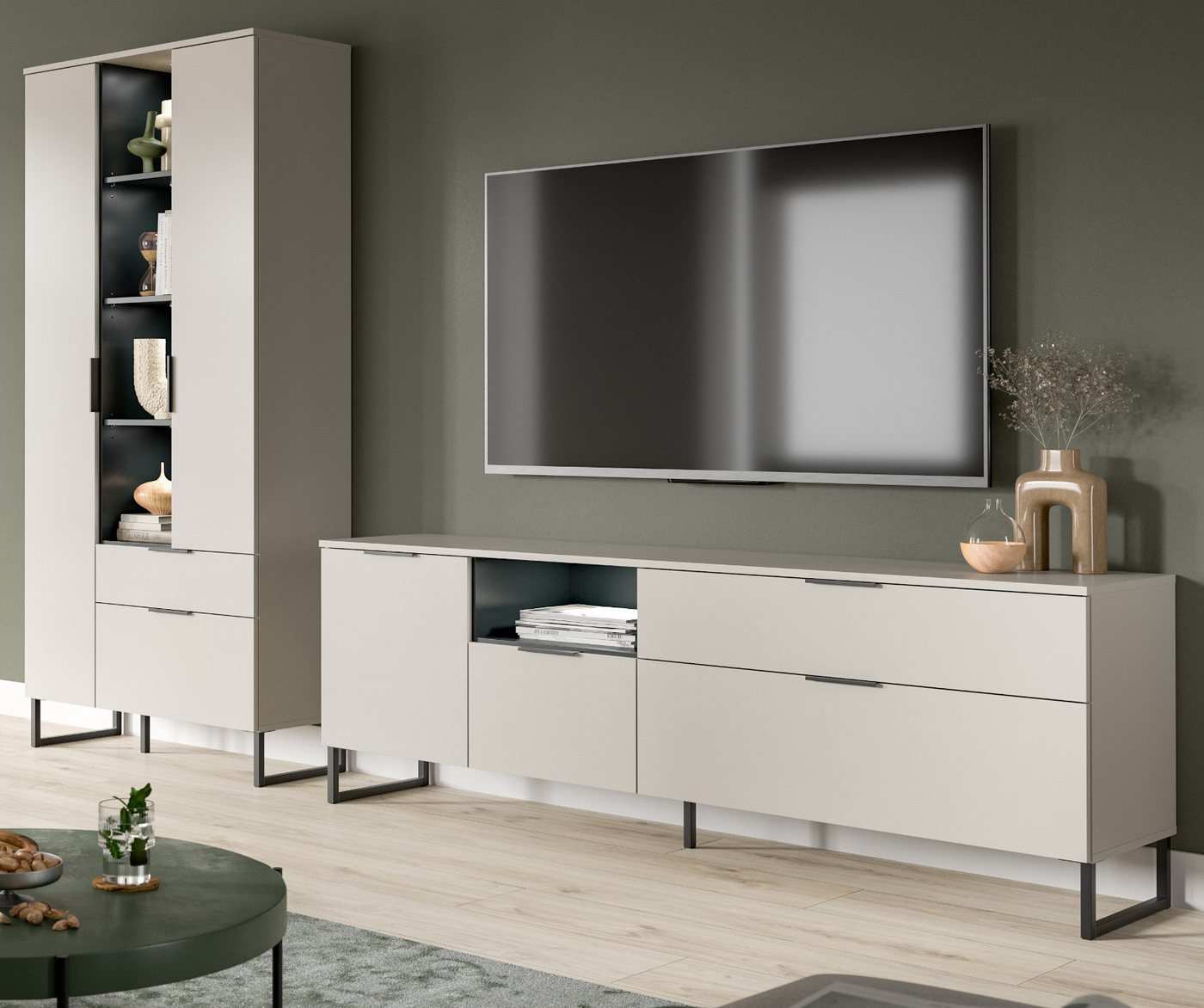 Inn.Furn Wohnwand Morena, (Wohnzimmer Set in Kaschmir / Sand und schwarz, 2-teilig, 290 x 192 cm), mit viel Stauraum und Soft-Close-Funktion von Inn.Furn