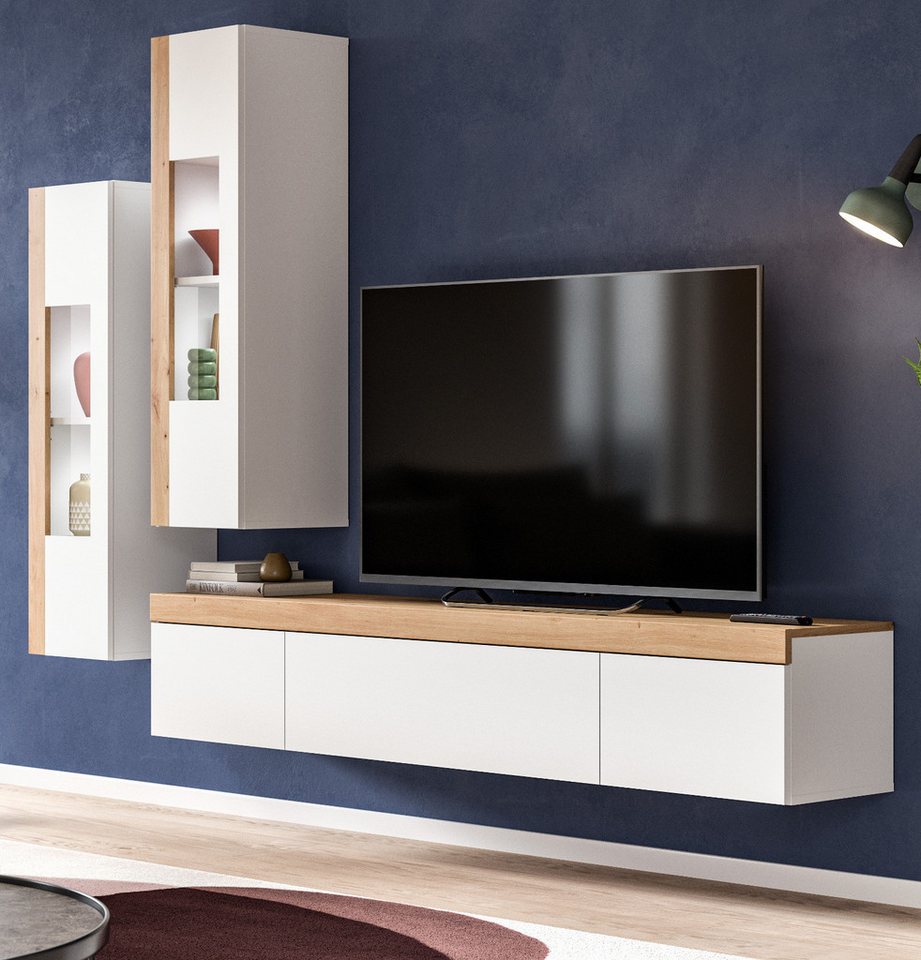 Inn.Furn Wohnwand Siena, (Schrankwand in weiß mit Eiche, hängend oder stehend, 270 x 190 cm), mit Push-To-Open und Soft-Close von Inn.Furn