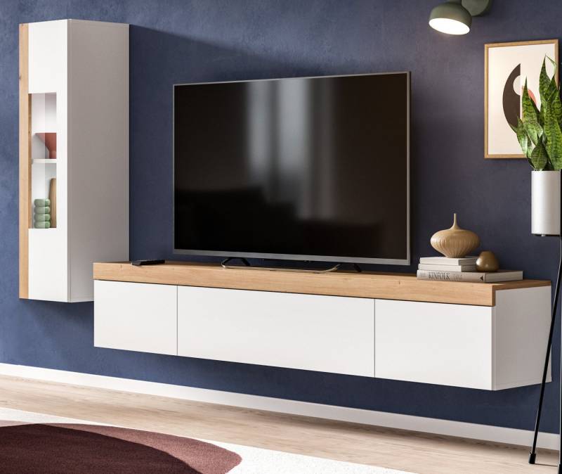 Inn.Furn Wohnwand Siena, (Set Vitrine und TV-Lowboard in weiß mit Eiche, hängend oder stehend), mit Push-To-Open und Soft-Close von Inn.Furn