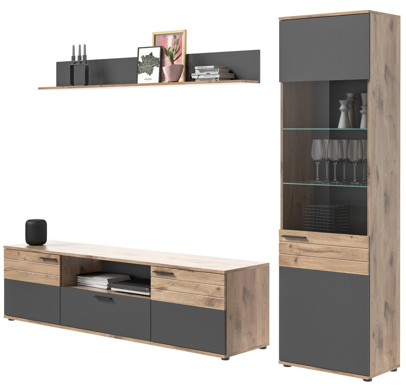 Inn.Furn Wohnwand Tomaso, (Schrankwand in Eiche mit grau, 3-St., 266 x 200 cm), mit Soft-Close Funktion von Inn.Furn