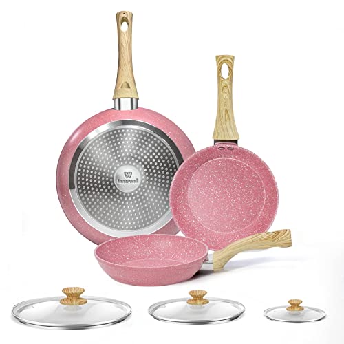 Innerwell 6-Teilig Pfannenset Rosa, Bratpfanne 20+24+28cm mit Deckel, Pfanne Induktion, Granit Antihaft Beschichtung Pfanne, PFOA-freie von Innerwell