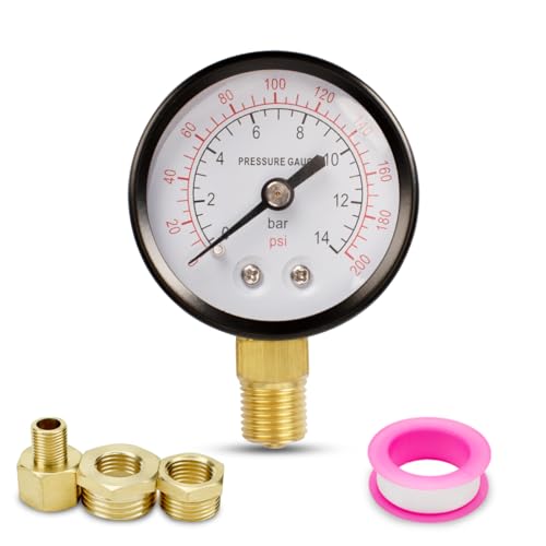 Innfeeltech 1-Pcs 50mm Well Pump Manometer BSP 1/4" 0-14 Bar 0~200 Psi mit 2-Stück Buchse 1/4" bis 3/8", 1/4" bis 1/2" und 1-Stück Hex Nippel Reduzierend 1/4" auf 1/8", ein Teflonband, Radial von Innfeeltech
