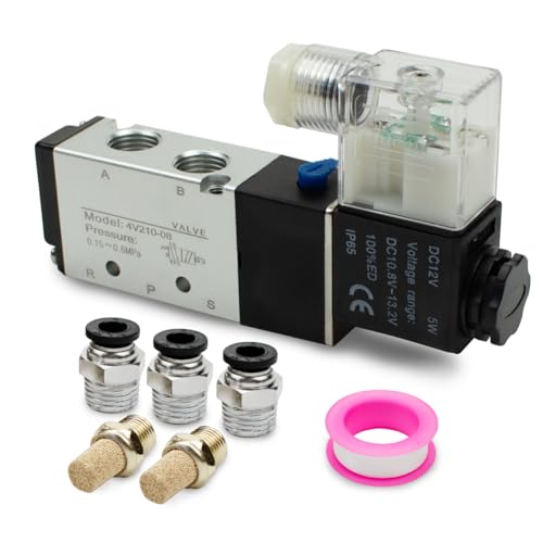 Innfeeltech 1 Pcs elektrisches pneumatisches Magnetventil 4V210-08-DC12V 5-Wege-2 Position BSP 1/8 mit 3 Pcs PC6-02 und 2 Schalldämpfer und 1 Rotes Teflonband von Innfeeltech