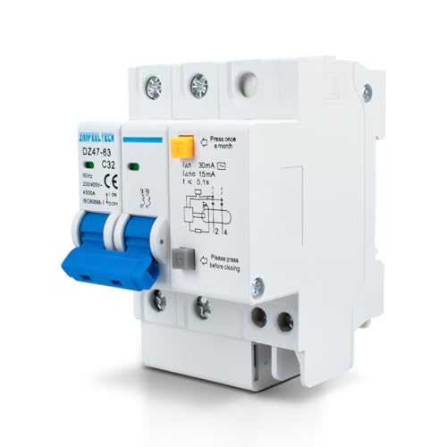 Innfeeltech 1 Stück 32 Ampere 230V Leitungsschutzschalter MCB Zweipolig Typ B für DIN-Schienenmontage mit Ableitstromschutz von Innfeeltech