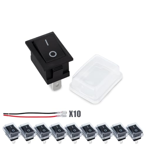 Innfeeltech 10 Stück Schwarzer Mini-Wippschalter Schwarz KCD1-101 2 Pin 2 Position Toggle Switch, 20 Leitungen (10 Schwarz, 10 Rot) mit 10 wasserdichten Kappen von Innfeeltech