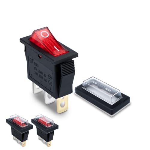 Innfeeltech 3 Stück Mini-Wippschalter, rot KCD3-101 3-Pin 3-Position Kippschalter mit 3 wasserdichten Kappen von Innfeeltech