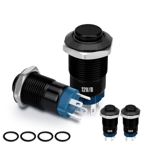 Innfeeltech 4 Stück Drucktastenschalter Wasserdicht DC 12V SPST ON/OFF Schalter für 12mm Einbauloch Schwarzes Metallgehäuse mit blauem LED Ringlicht von Innfeeltech