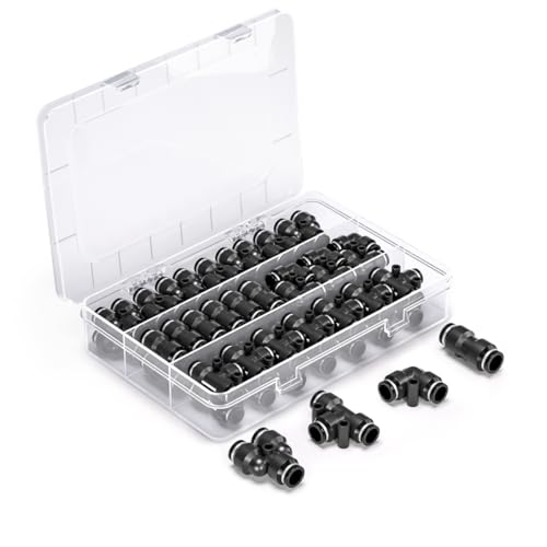 Innfeeltech 60 Stück 10mm schwarzes Push-to-Connect Pneumatik Fitting Kit, 15 gerade, 15 Splitter, 15 Ellbogen, 15 T-Typen Schnellverschluss Pneumatik Steckverbinder von Innfeeltech