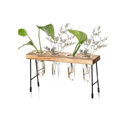 Desktop Plant Pflanzgefäß Propagation Station - Innjoii Glas Blumentopf Kleine Bank mit Retro Massivholz 4 Reagenzglas Vase Metallhalter für Hydroponik Hochzeit drinnen Home Office Garten Dekor Cafe von Innjoii